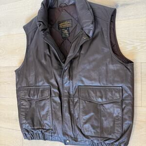 Vtg EDDIE BAUER Vest Men’s L Brown Leather Goose Down Bomber Jacket Vest